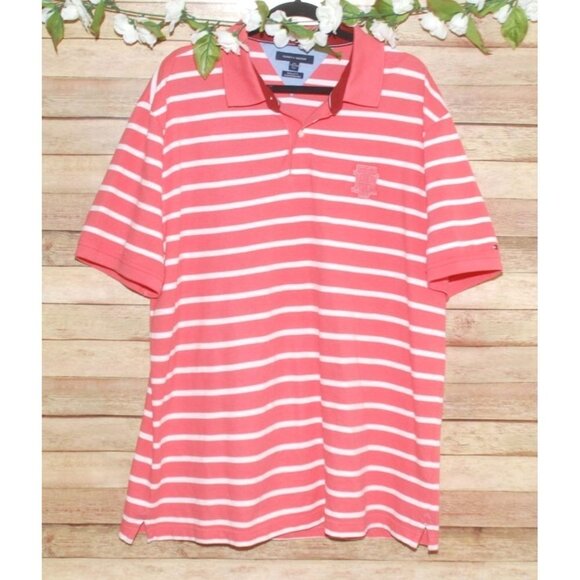 TOMMY HILFIGER Polo Shirt Mens XXL Short Sleeve Peach & White Striped Rare Logo - Picture 1 of 8